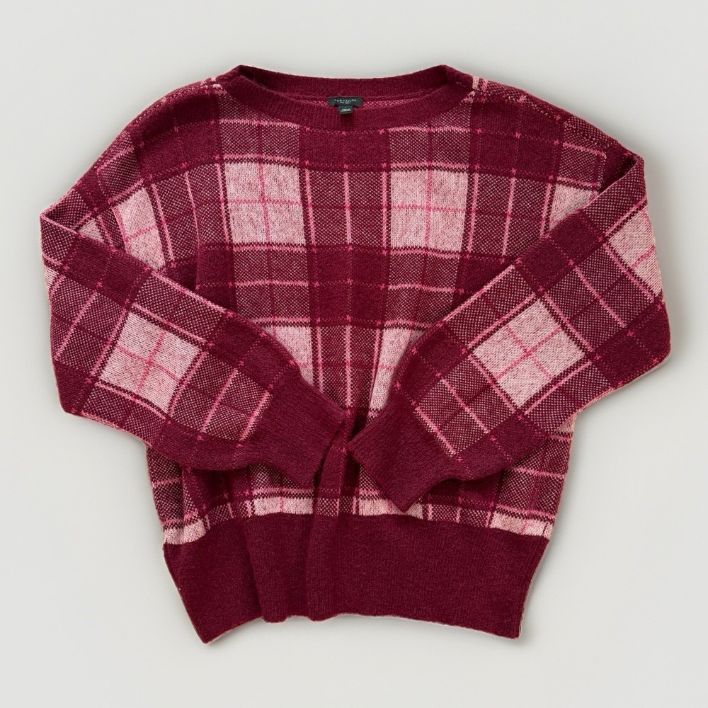 Ann Taylor Factory Plaid Sweater Women L Burgundy Pink Crewneck NWT $79.99